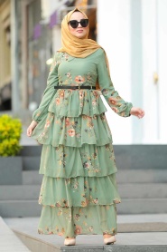 Nayla Collection - Çiçek Desenli Çağla Yeşili Tesettür Elbise 2565CY - Thumbnail