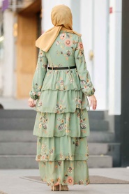 Nayla Collection - Çiçek Desenli Çağla Yeşili Tesettür Elbise 2565CY - Thumbnail