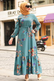 Nayla Collection - Çiçek Desenli Çağla Yeşili Tesettür Elbise 6271CY - Thumbnail