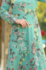 Nayla Collection - Çiçek Desenli Çağla Yeşili Tesettür Elbise 81521CY - Thumbnail