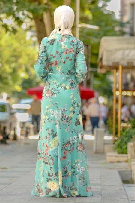Nayla Collection - Çiçek Desenli Çağla Yeşili Tesettür Elbise 81521CY - 3