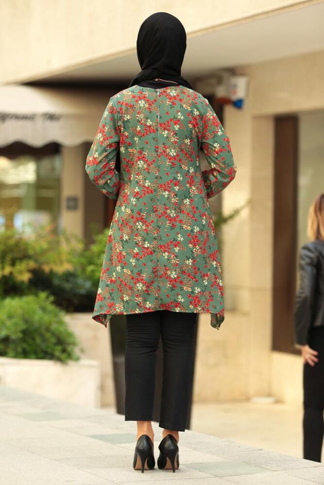 Nayla Collection - Çiçek Desenli Çağla Yeşili Tesettür Tunik 1120CY - 2