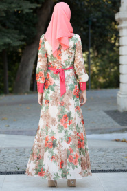 Nayla Collection - Çiçek Desenli Ekru Tesettür Elbise 4100-03E - Thumbnail