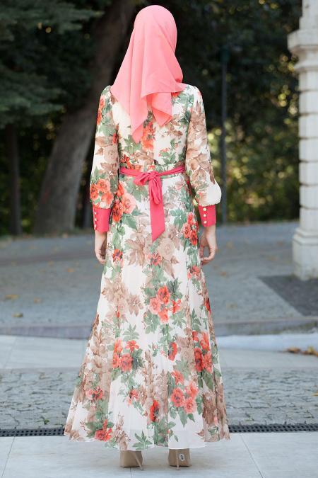 Nayla Collection - Çiçek Desenli Ekru Tesettür Elbise 4100-03E - 3