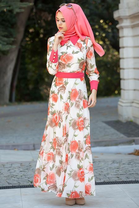 Nayla Collection - Çiçek Desenli Ekru Tesettür Elbise 4100E - 2