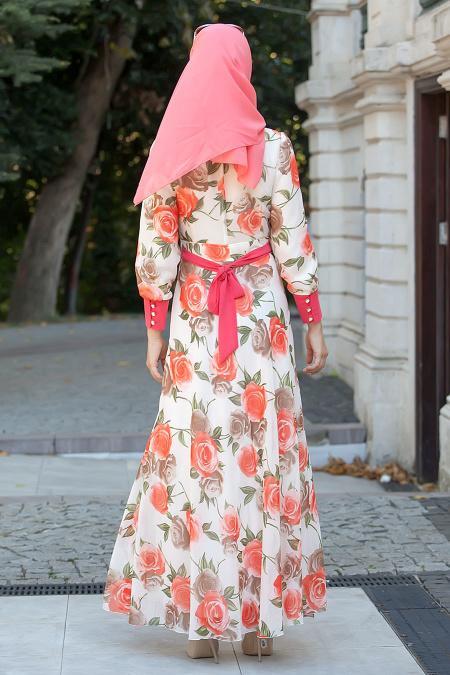 Nayla Collection - Çiçek Desenli Ekru Tesettür Elbise 4100E - 3