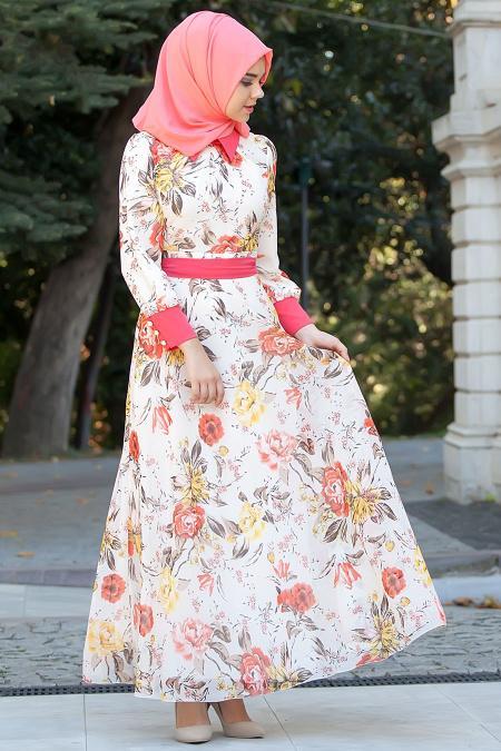 Nayla Collection - Çiçek Desenli Ekru Tesettür Elbise 4100-01E - 2