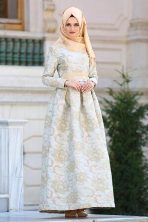 Nayla Collection - Çiçek Desenli Ekru Tesettür Abiye Elbise 24416E - 1
