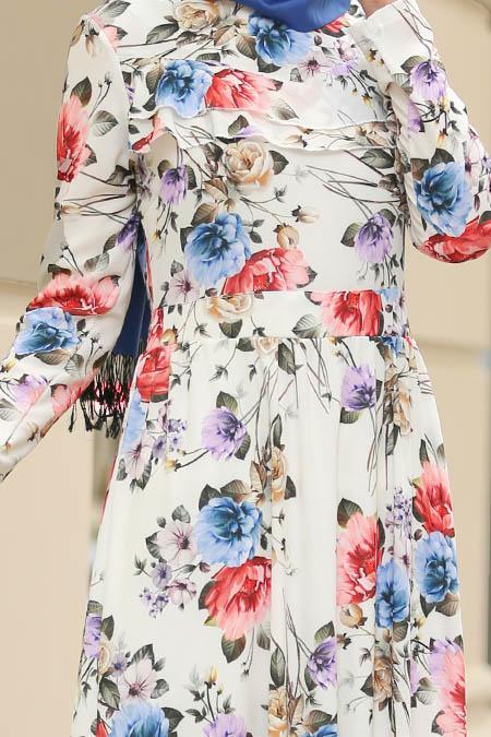 Nayla Collection - Çiçek Desenli Ekru Tesettür Elbise 100389E - 2