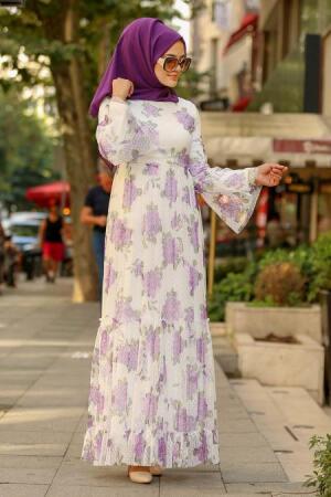 Nayla Collection - Çiçek Desenli Ekru Tesettür Elbise 82680E - 1