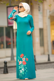 Nayla Collection - Çiçek Desenli Petrol Yeşili Tesettür Elbise 77950PY - Thumbnail
