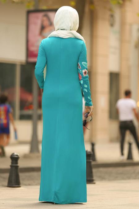 Nayla Collection - Çiçek Desenli Petrol Yeşili Tesettür Elbise 77950PY - 2