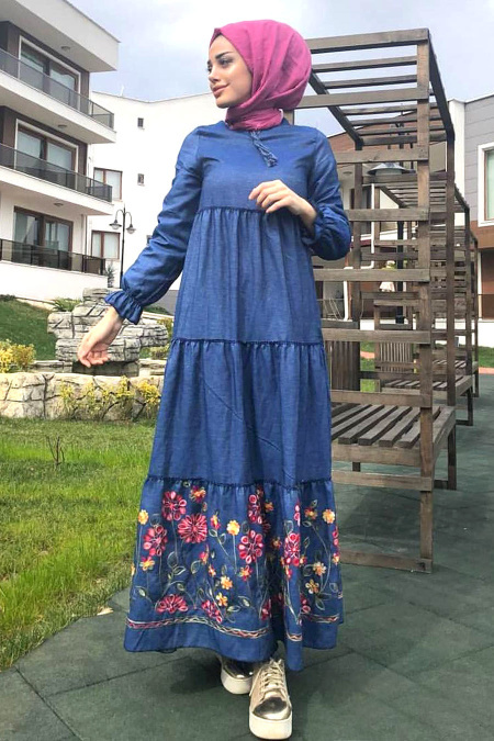 Nayla Collection - Çiçek Desenli Fuşya Kot Tesettür Elbise 2540F