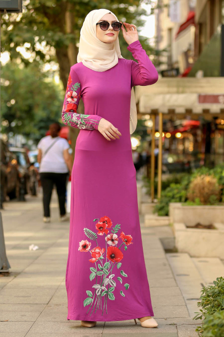 Nayla Collection - Çiçek Desenli Fuşya Tesettür Elbise 77950F