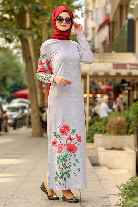 Nayla Collection - Çiçek Desenli Gri Tesettür Elbise 77950GR