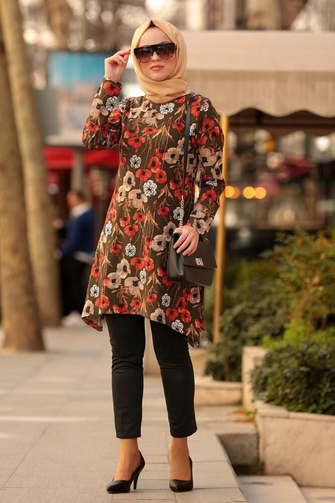 Nayla Collection - Çiçek Desenli Haki Tesettür Tunik 40452HK - 1