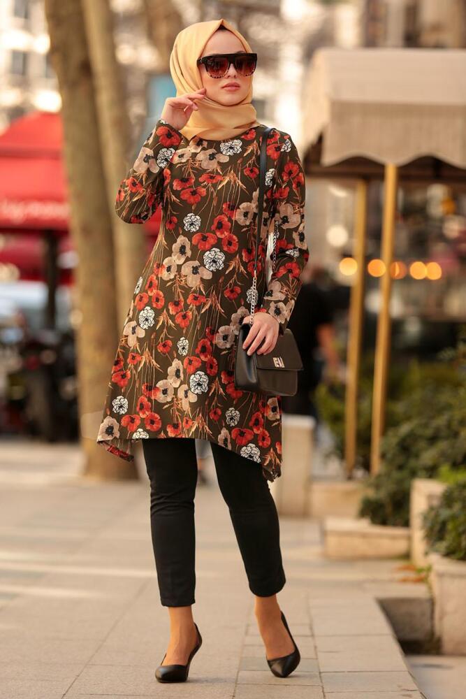 Nayla Collection - Çiçek Desenli Haki Tesettür Tunik 40452HK - 2