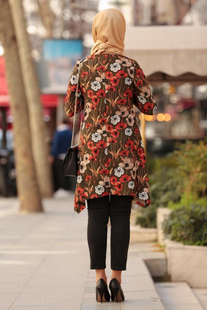 Nayla Collection - Çiçek Desenli Haki Tesettür Tunik 40452HK - 3