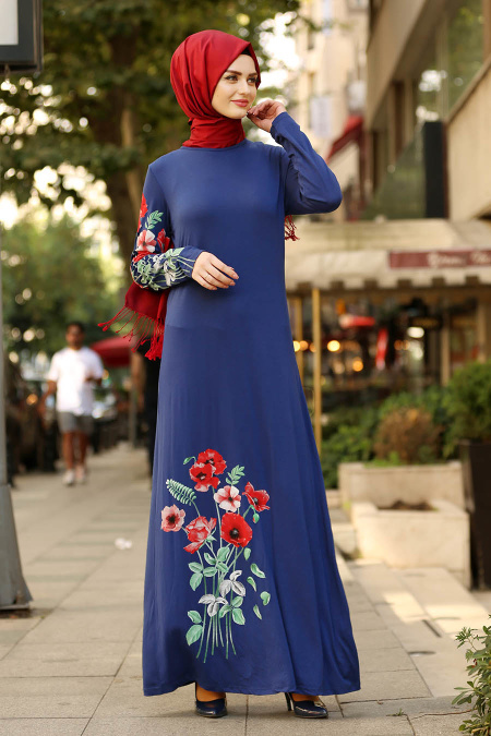 Nayla Collection - Çiçek Desenli İndigo Mavisi Tesettür Elbise 77950IM