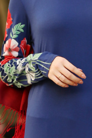 Nayla Collection - Çiçek Desenli İndigo Mavisi Tesettür Elbise 77950IM - Thumbnail