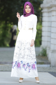 Nayla Collection - Çiçek Desenli Beyaz Tesettür Elbise 5270B - Thumbnail