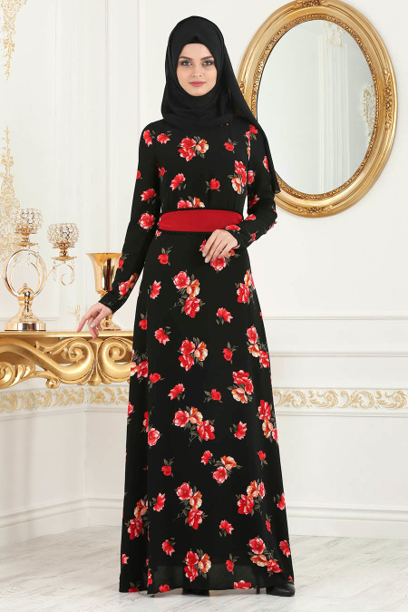 Nayla Collection - Çiçek Desenli Kemerli Siyah Tesettür Elbise 77652S