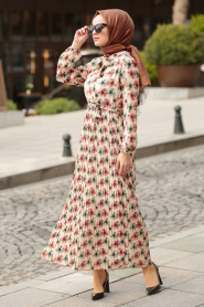 Nayla Collection - Çiçek Desenli Kiremit Tesettür Elbise 8005KRMT - Thumbnail