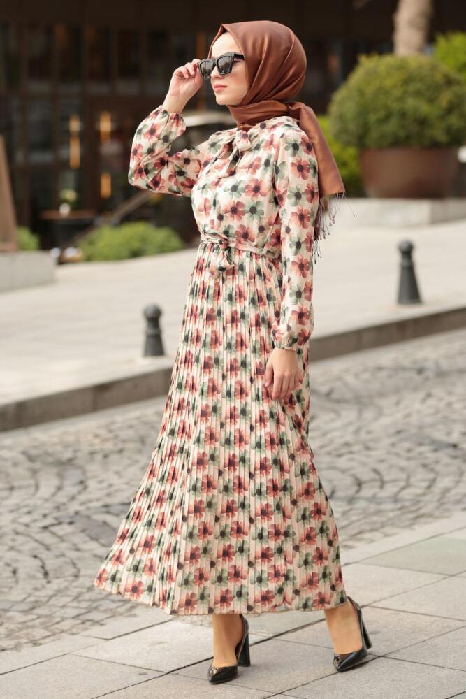 Nayla Collection - Çiçek Desenli Kiremit Tesettür Elbise 8005KRMT - 1