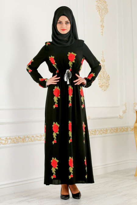 Nayla Collection - Çiçek Desenli Kırmızı Tesettür Elbise 2471K