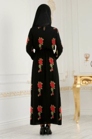 Nayla Collection - Çiçek Desenli Kırmızı Tesettür Elbise 2471K - Thumbnail