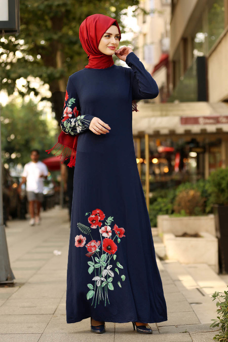 Nayla Collection - Çiçek Desenli Koyu Lacivert Tesettür Elbise 77950KL