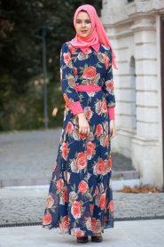Nayla Collection - Çiçek Desenli Lacivert Tesettür Elbise 4100L - Thumbnail