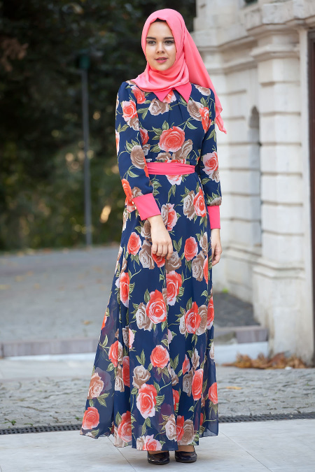 Nayla Collection - Çiçek Desenli Lacivert Tesettür Elbise 4100L
