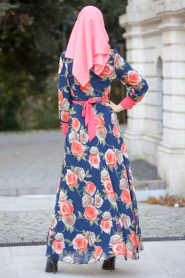 Nayla Collection - Çiçek Desenli Lacivert Tesettür Elbise 4100L - Thumbnail