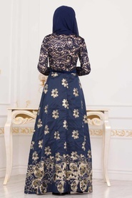 Nayla Collection - Çiçek Desenli Lacivert Tesettür Abiye Elbise 82457L - Thumbnail