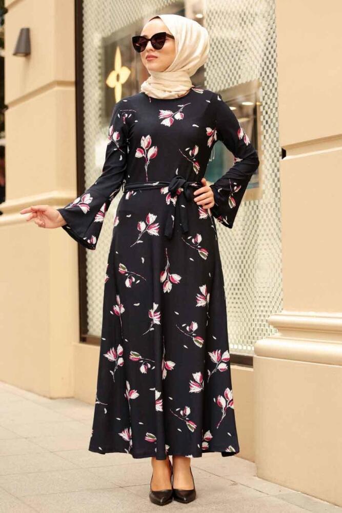 Nayla Collection - Çiçek Desenli Lacivert Tesettür Elbise 15250L - 1