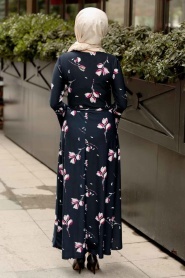 Nayla Collection - Çiçek Desenli Lacivert Tesettür Elbise 15250L - Thumbnail