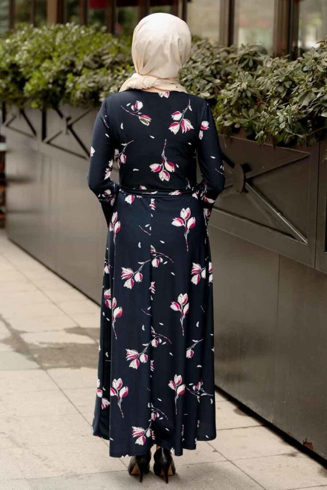 Nayla Collection - Çiçek Desenli Lacivert Tesettür Elbise 15250L - 2