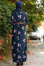 Nayla Collection - Çiçek Desenli Lacivert Tesettür Elbise 1639L - Thumbnail