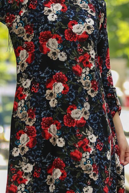 Nayla Collection - Çiçek Desenli Lacivert Tesettür Tunik 30614L - 3