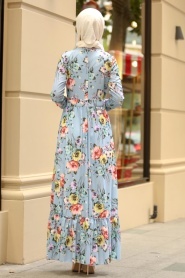 Nayla Collection - Çiçek Desenli Mavi Tesettür Elbise 100389M - Thumbnail