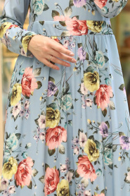 Nayla Collection - Çiçek Desenli Mavi Tesettür Elbise 100389M - Thumbnail