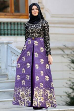 Nayla Collection - Çiçek Desenli Mor Tesettür Abiye Elbise 82457MOR - 1