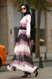 Nayla Collection - Çiçek Desenli Mürdüm Tesettür Elbise 100432MU - Thumbnail