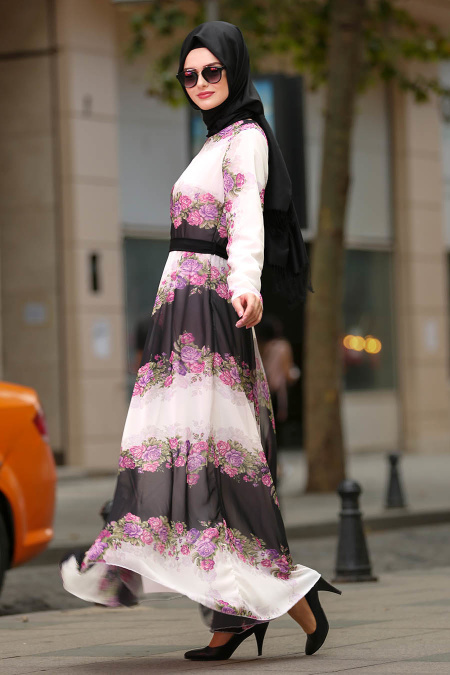 Nayla Collection - Çiçek Desenli Mürdüm Tesettür Elbise 100432MU