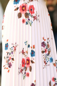 Nayla Collection - Çiçek Desenli Piliseli Beyaz Tesettür Etek 3179B - Thumbnail