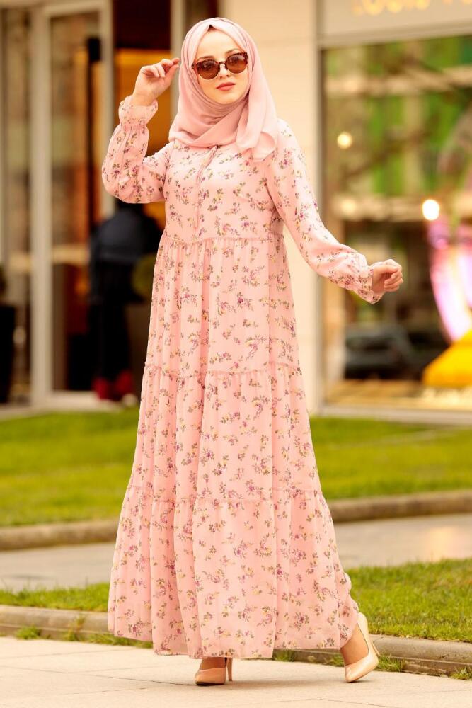 Nayla Collection - Çiçek Desenli Pudra Tesettür Elbise 2539PD - 1