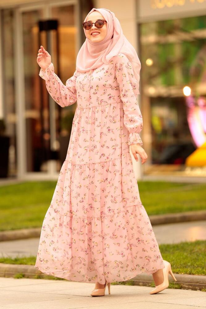 Nayla Collection - Çiçek Desenli Pudra Tesettür Elbise 2539PD - 2