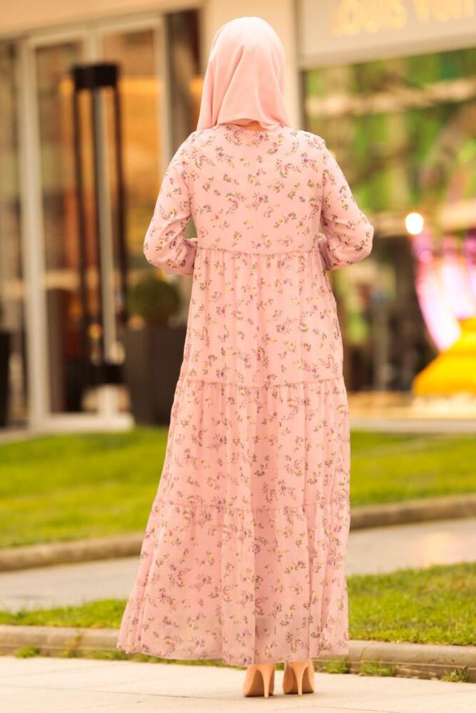 Nayla Collection - Çiçek Desenli Pudra Tesettür Elbise 2539PD - 3