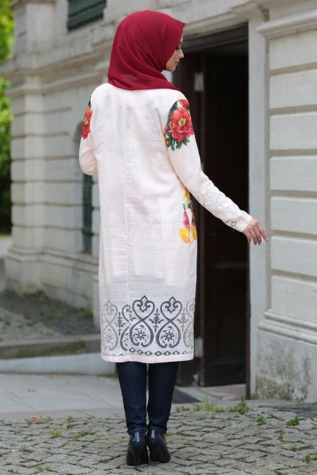 Nayla Collection - Çiçek Desenli Pudra Tesettür Hırka 494PD - 2